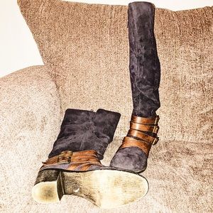Only Worn Once! Black Suede Boots w Brown Detail